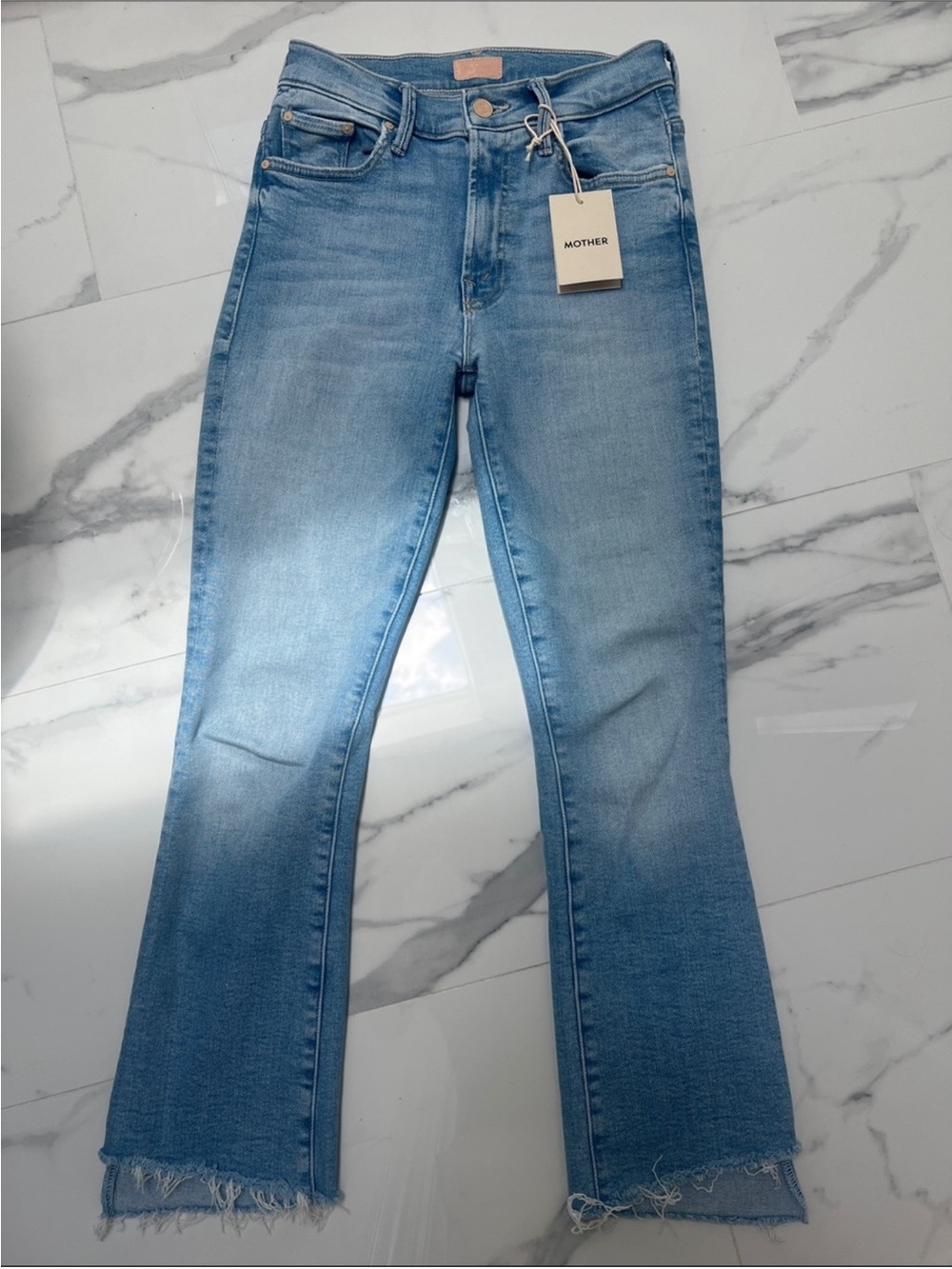 MOTHER Medium Wash High-Rise Flare Jeans with Frayed Hem **Limited Edition